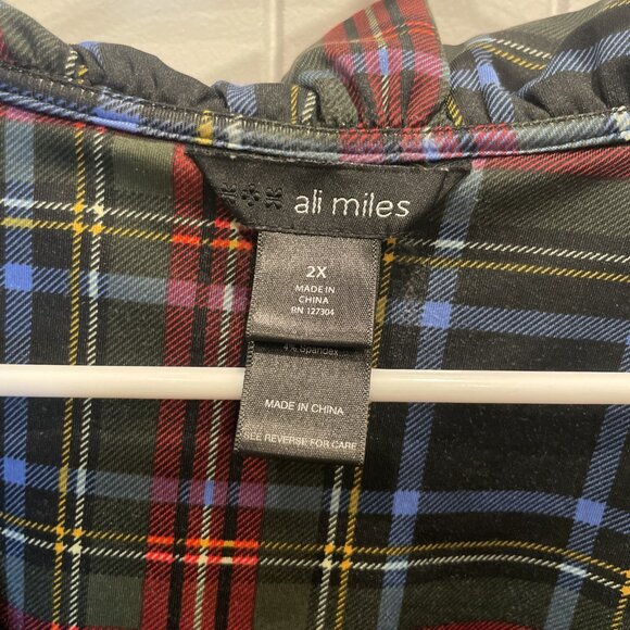Ali Miles Women’s 2X Tartan Plaid Ruffle Neck Tunic Top Blouse Christmas Holiday - Picture 2 of 7
